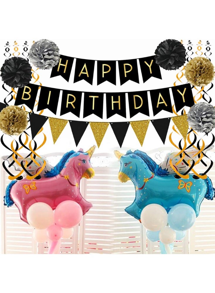 Mordely Black Happy Birthday Banner with Black Gold Paper Flag Bunting Paper Swirl Streamers Pom Poms for Decorations - Image 4